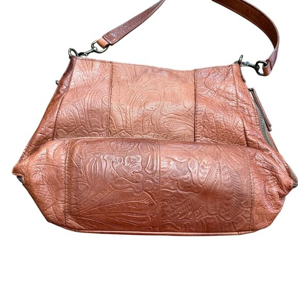 American Leather Co Handbag Shoulder Purse Brown Tooled Leather Bag Pockets - Picture 3 of 16